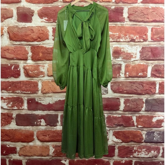 Petal & Pup Dress Womens L Olive Green Chiffon Sleeve Tiered Maxi Peasant Sleeve - Picture 2 of 9